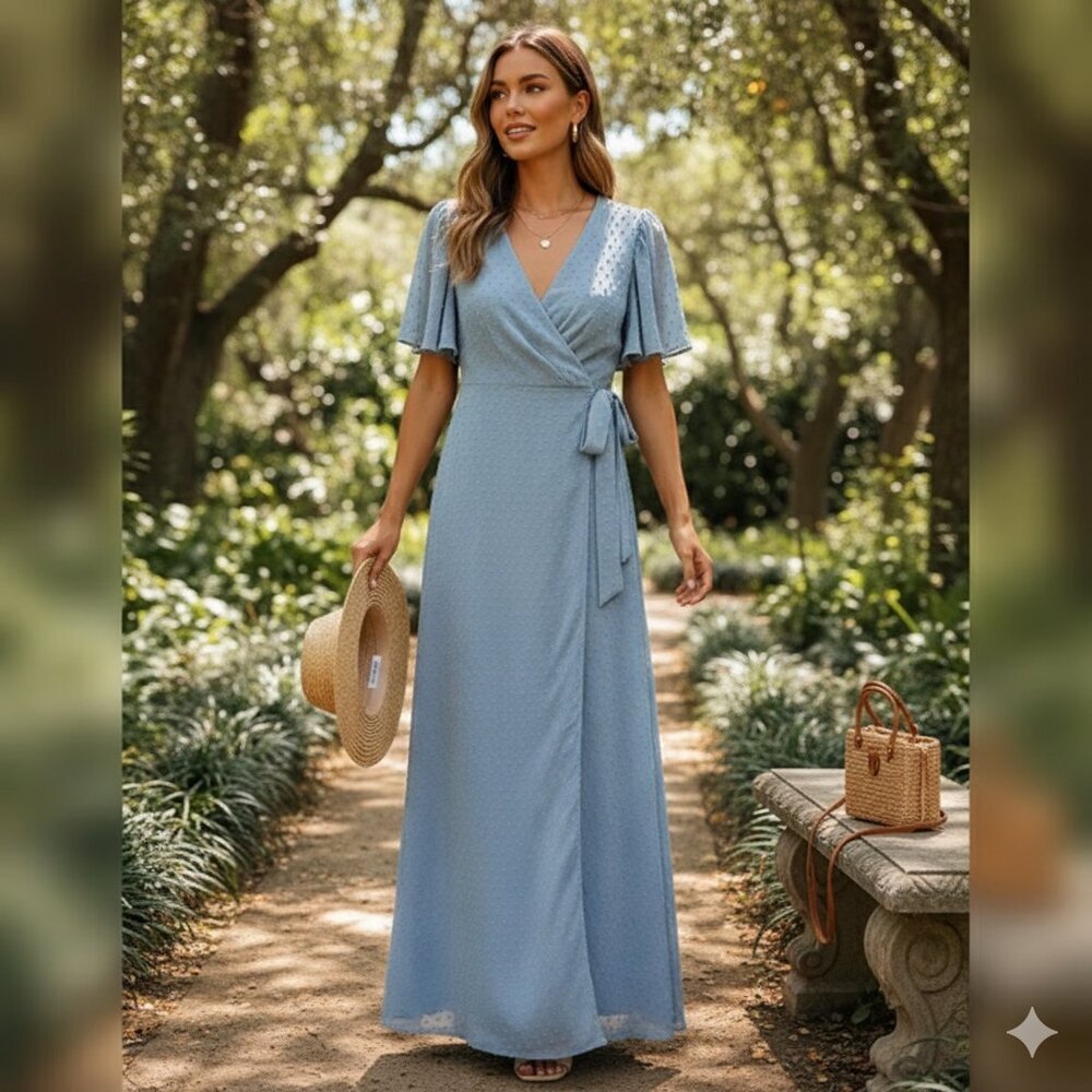 Bellevue the Label Powder Blue Short Sleeve Maxi Wrap Dress Size Small Preowned